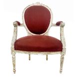 Armchair shabby chic white lacquer, burgundy fabric. H 98x62 cm