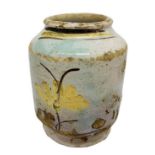 Cylinder white body with yellow floral decorations on the white background, early nineteenth century