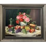 Oil paintinging on canvas depicting still life with potted flowers and fruit. signed on the lower ri