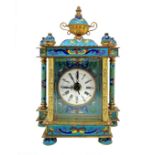 Blue table clock made in China, gold-plated metal and enamel. System battery-operated. H 20 cm, base