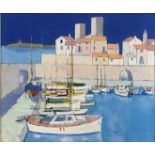 Oil paintinging on canvas depicting marina with boats and houses. Painter of the twentieth century.