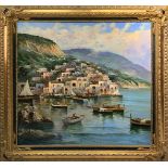 Oil paintinging on canvas "Procida" signed Carlo Morandi. 100x100 cm, 127x127 cm in frame