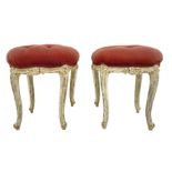 Pair of shabby chic ottoman with fabric quilted burgundy. Nineteenth century stools. H 52 cm diamete