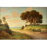 Oil paintinging on canvas depicting landscape with country road, signed on the lower center K. Burk.