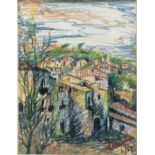 Pastel on paper depicting Caltagirone landscape. Mid-twentieth century. Signed and dated Lombardo 4/