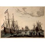 Hand-colored etching engraving. Copy from four Dutch sailboards behind a breakwater. by Reinier NOOM