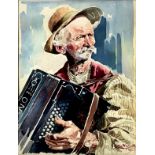 Watercolor painting on paper, depicting accordion player. Signed on the bottom right and dated '48.