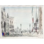 Lithograph (out of commerce) Color depicting Piazza San Marco in Venice. From the Piazzetta dei Leon