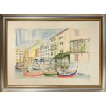 Max Dissar (1908-1993), watercolor on paper depicting marine landscape with houses. Location Camogli