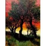Oil painting on canvas depicting landscape with trees at sunset. Signed on the bottom left friend 74