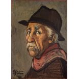 Oil painting on tablet depicting man's face with hat. Signed on the bottom left Gianfranco Antoni an