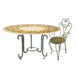 Round table in lava stone and n. 4 chairs. Table decorated with polychrome ceramic with lemons and.