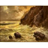 Oil painting on tablet depicting cliff with rough sea, signed A. Radice. 30x40 cm