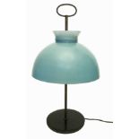 Adrasteia. Extramicated glass table lamp in water green shades. 1950s., Brunished brass structure an