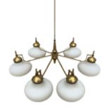 Italian production, five-light suspension lamp. 1950s, with zapponed brass structure and black lacqu