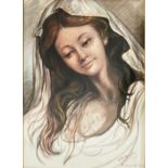 Oil painting on canvas depicting young woman with white veil. Signed on the bottom right A. D'Angelo