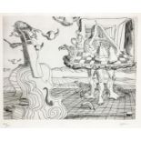 Etching depicting surrealist landscape, Signed on the bottom right Bettina, multiple n ° 147/200. Mm