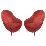 Isa Bergamo. 50s. Pair of armchairs, wooden frame, brass feet. Red bear details, original of the per