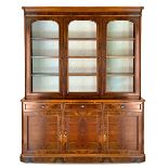 Library in walnut root, double body with three glasses in the upper part and three doors. Closed on