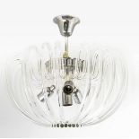 Bakalowicz & Sone, 70s. Murano glass chandelier with curved shape glass elements. Chromed metal stru