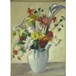 Oil painting on canvas, depicting vase with flowers, Signed on the bottom left comes. and dated 2/04