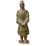 Polychrome wood sculpture depicting characters in eastern robes, China. H cm 46, width cm 14