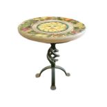 Lasic stone coffee table decorated with polychrome ceramic with central sun. H 47 cm, diameter cm 40