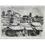 Etching depicting market 1949, 25/50. Signed on the bottom right Paolo Manaresi (Bologna 1908-1991).