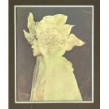 Lithograph on silver plate depicting woman profile in white. Signed on the bottom left G. De Stefano