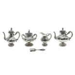 Silver set, consisting of teapot, coffee maker, milk lamp, sugar bowl. Kg 1143. Tabletier 136 gr, co