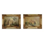 Pair of Oil paintings on copper depicting Normandy castles. Early 20th century, signed with f.g mono