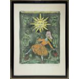 Lithograph on hand-colored paper depicting woman with sun, Antonio Santacroce (Rosolini 1945). Signe