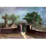 Oil painting on canvas (missing frame) depicting landscape with wall and gate. Signed on the bottom