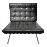 Barcelona style armchair. 90s, chromed metal structure, back and sitting in leather in black shades,