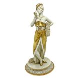 Capodimonte, porcelain statuette depicting woman with hat and fur stole. In the colors of white and
