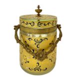 Composter in glass and metal painted, with brass handle, in shades of yellow, blue and white. H 20 c