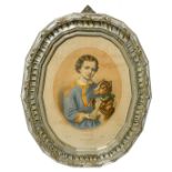 Ancient press depicting young man with dog. Ed. Gust. May Frankfurt (1850-1870). Patin silver frame