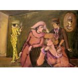 Oil painting on canvas depicting theatrical arts of the art comedy. Unreadable signature at the bott