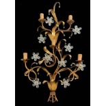 Five-light applique in gold metal and moose crystals with wooden candles, 1950s. H 90 cm, 55 cm widt