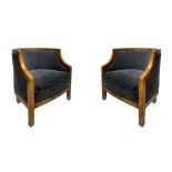 Italian production, Deco armchair pair, Chiara walnut veneered wood frame. Italy, sitting in dark gr