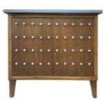 Two-door walnut furniture with studs on the front, lava stone top. H 88 cm. 97 cm width. Depth 59 cm