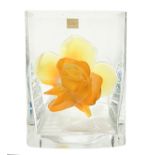 Lalique vase "Amber Rose", vase in transparent glass. France, with a pink applied to the front model