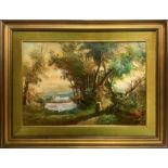 Oil painting on canvas depicting landscape, signed Ramirez and dated 7/54. Cm 45x65, in Frame 68x88