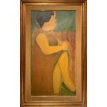 Oil painting on Masonite depicting woman, Angelo Nona. Signed in the center at the bottom 100x51 cm,