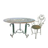 Round table in lava stone and 4 chairs. Decorated polychrome ceramic with jasmine design. 20th centu