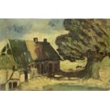 Oil painting on table depicting landscape with house and oak. Frame-free. 39.5 x 61 cm