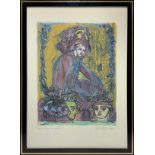 Lithograph on hand-colored paper depicting characters, Antonio Santacroce (Rosolini 1945). Signed Sa