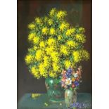 Oil painting on canvas depicting "Mimose with violets, signed down to the lower left A. Graziani. Al