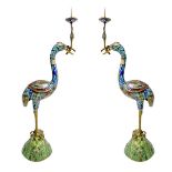 Pair of herons shaped candelabra. With brass structure with cloisonnè polychrome process. H 46 cm