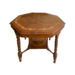 Octagonal table in rosewood, briar and underpiece top inlaid. H cm 67, length 87 cm H cm 67, length